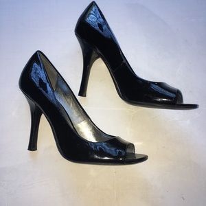 Calvin Klein Black Patent Leather Peep Toe Heels 7